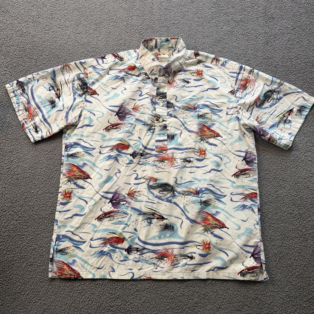 VTG Hilo Hattie Hawaiian Shirt Pullover White 1/4 Button Up Men's Large Fish